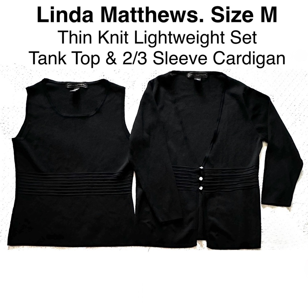 Black Knit Tank Top and 2/3 Sleeve Cardigan Set Rhinestones Striped